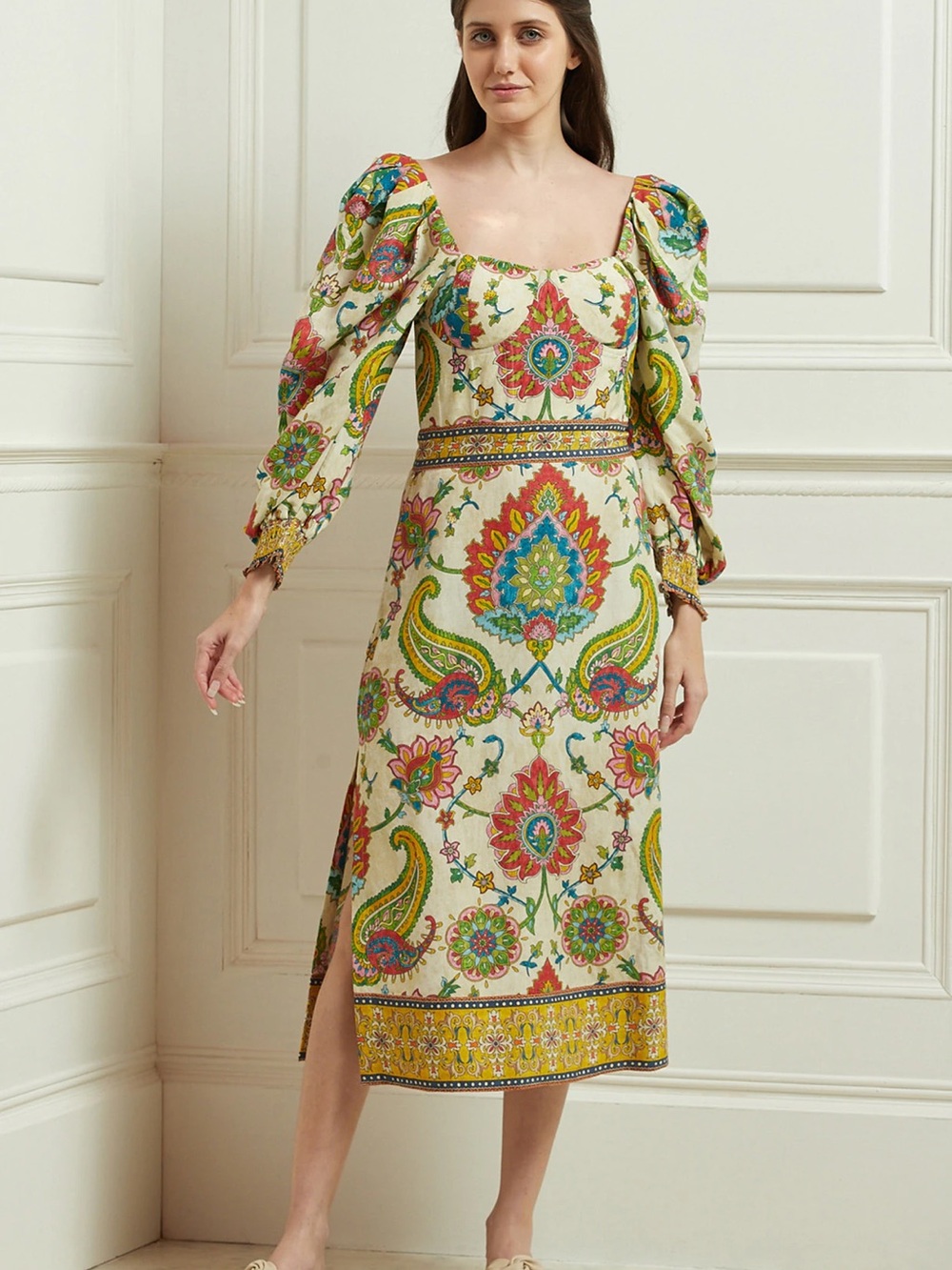 Ranna Gill Floral Paisley Puff-Sleeve Dress in Cream and Multicolor
